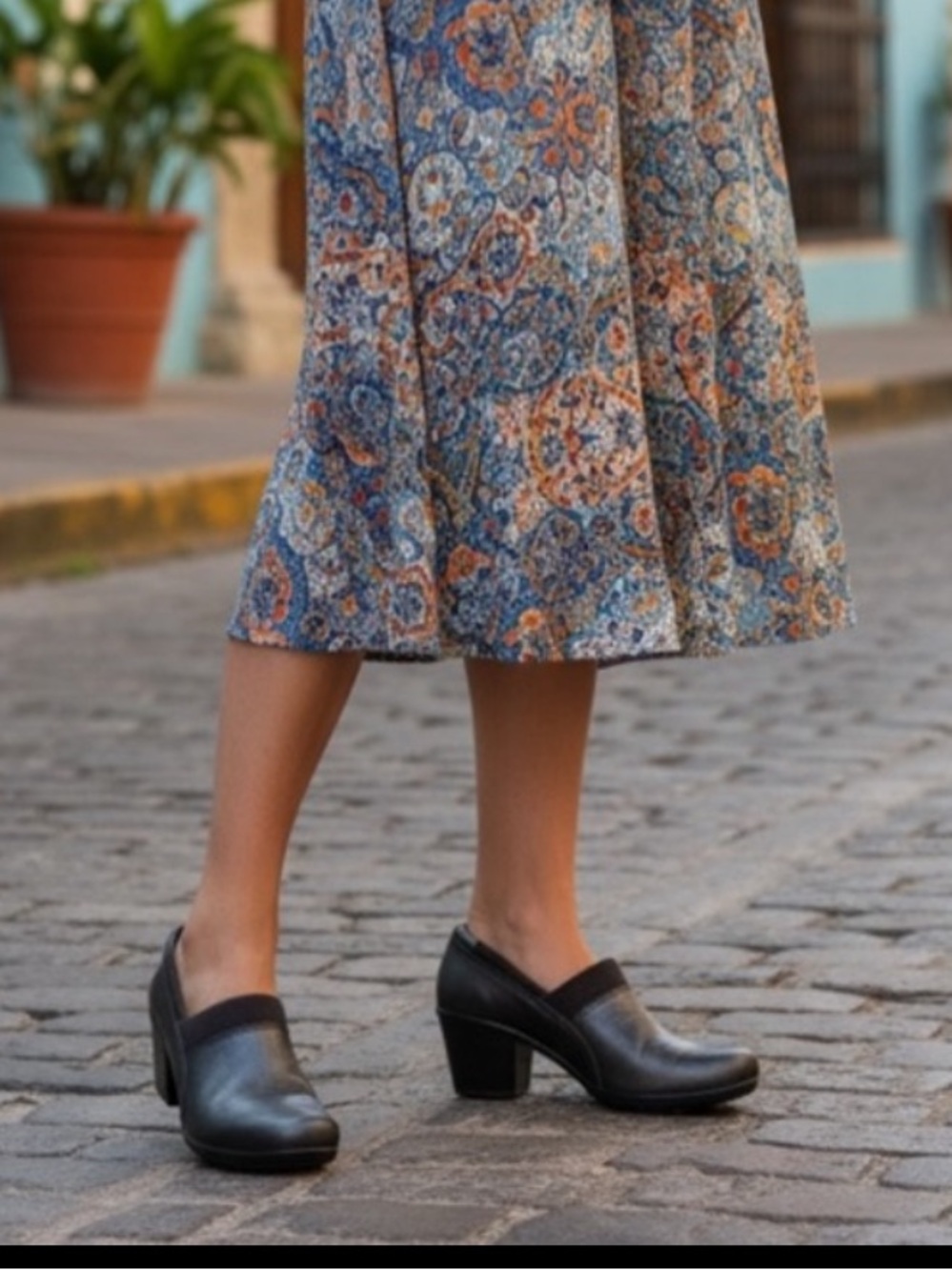 Clarks Black Leather Low Block Heel Slip-On Pumps